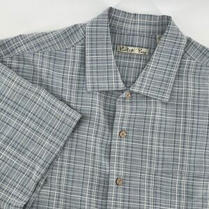 Batik Bay Button Up Shirt Mens XL Light Blue Excellent Plaid Short Sleeve Rayon